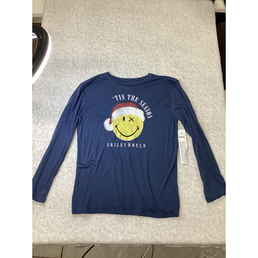 SmileyWorld Kids Navy Blue Tis The‎ Season Santa Hat Pajama Top XL 14 NWT